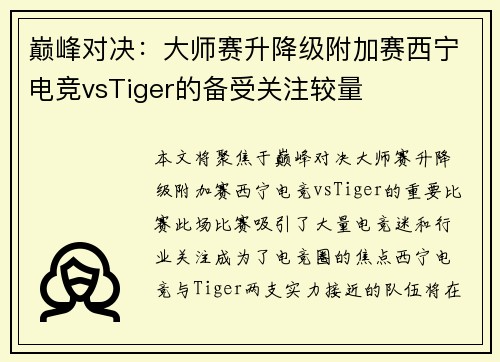 巅峰对决：大师赛升降级附加赛西宁电竞vsTiger的备受关注较量