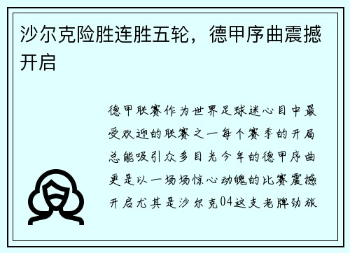沙尔克险胜连胜五轮，德甲序曲震撼开启